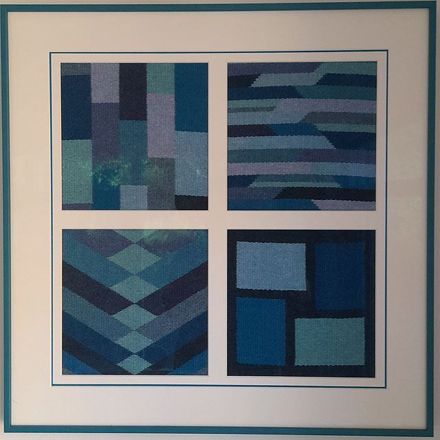ingelijst weefwerk, clasped weft, vier panelen in verschillende tinten blauw, Tineke Mous